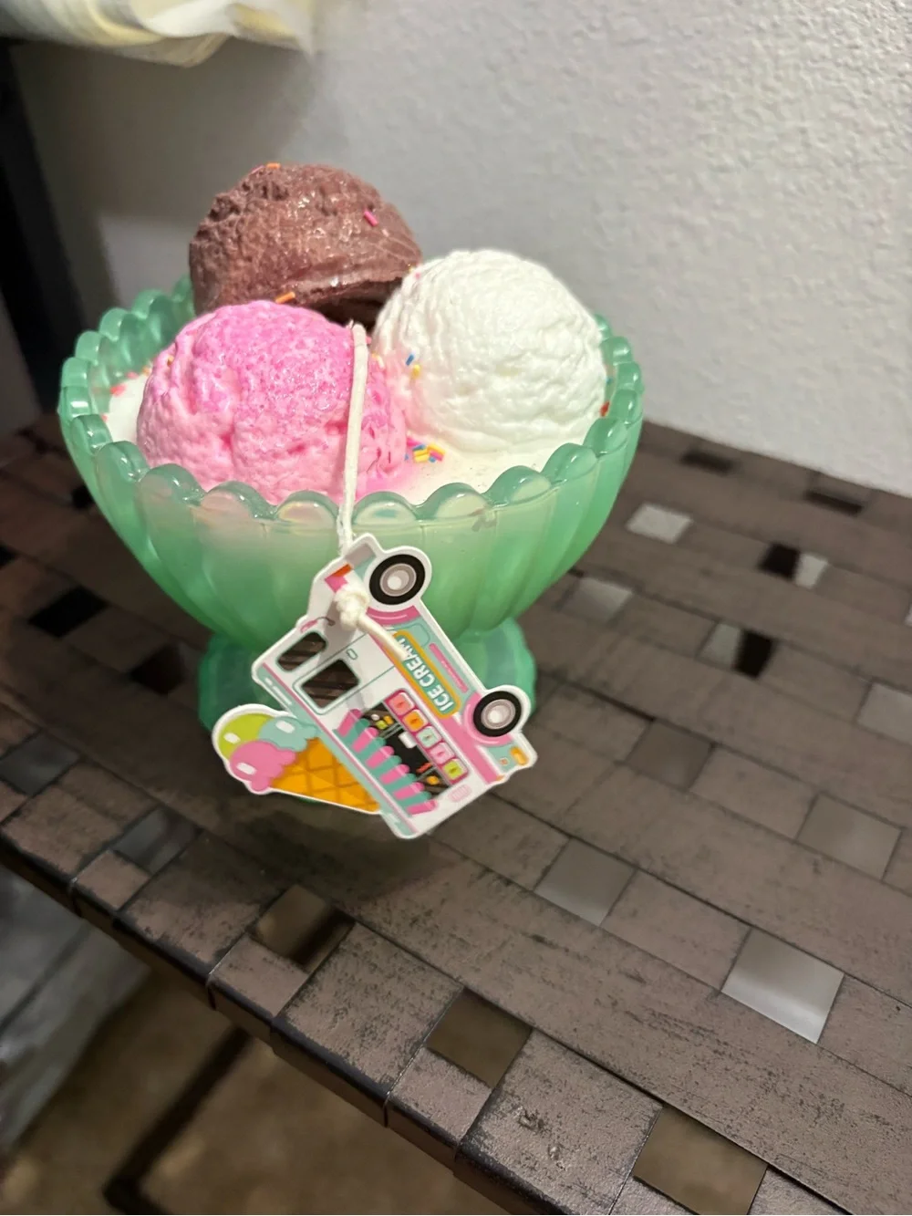 Neopolitan Ice Cream Sundae Scented Candle in Green Glass Dish/Bowl